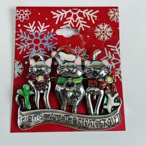 Holiday Cat Brooch Pin 2.25" Enamel Glitter Rhinestone Friends Are The Gretest